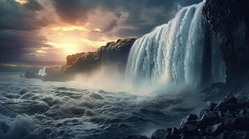 A waterfall is flowing over rocks and water photo