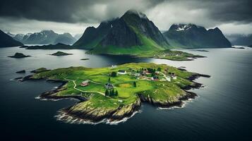 An island with a house on it surrounded by mountains photo