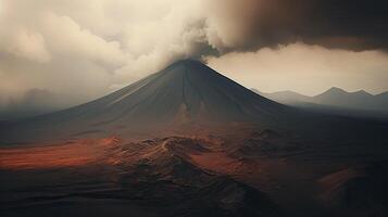A volcano is seen in the distance with smoke coming out of it photo
