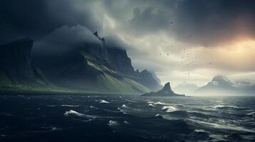 A beautiful landscape with mountains and water photo