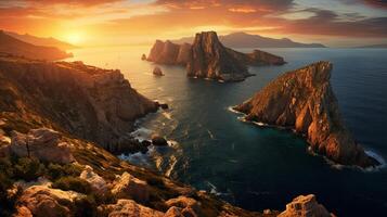 The sunset over the sea and rocky cliffs photo