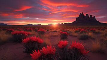 Red flowers in the desert at sunset photo