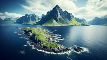 An island surrounded by mountains and water photo