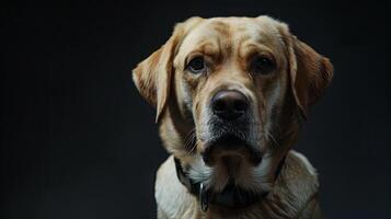 A dog is looking at the camera on a black background photo