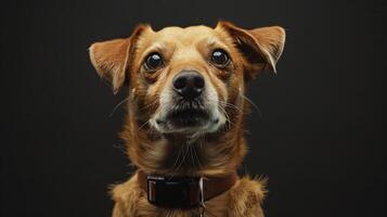 A dog with a collar on a black background photo