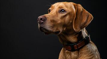A brown dog with a collar on a black background photo