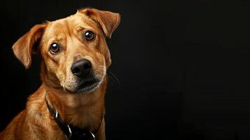 A brown dog with a collar on a black background photo
