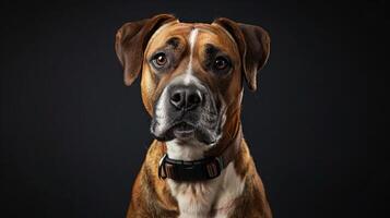A boxer dog is looking at the camera photo