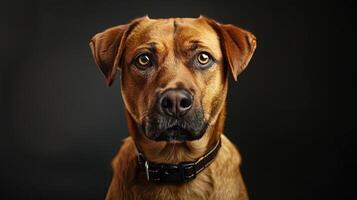 A brown dog with a collar on a black background photo