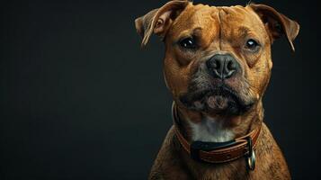 A brown dog with a collar on a black background photo