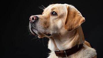A dog with a collar on a black background photo