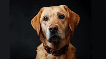 A dog is looking at the camera with a black background photo