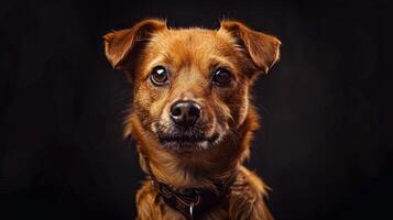 A brown dog with a collar on a black background photo