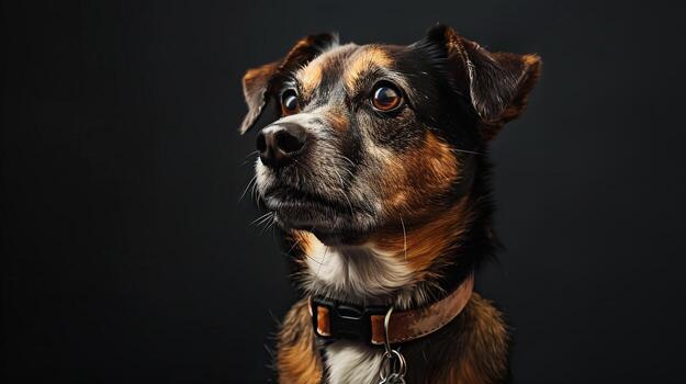 A dog with a collar on a black background photo