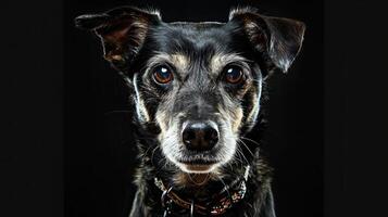 A black dog with blue eyes looking at the camera photo