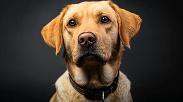 A dog is looking at the camera on a black background photo