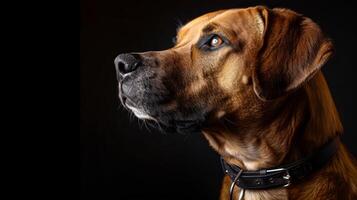 A dog with a collar on a black background photo