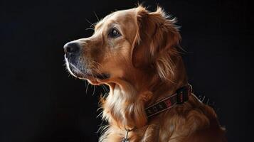 A golden retriever is looking up at the camera photo