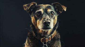 A dog with a collar on a black background photo