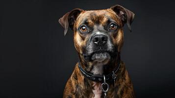 A dog with a collar on a black background photo