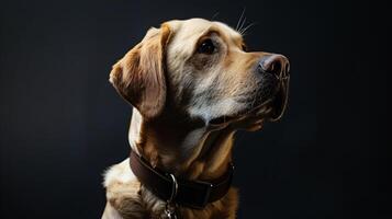 A dog is looking up at the camera on a black background photo