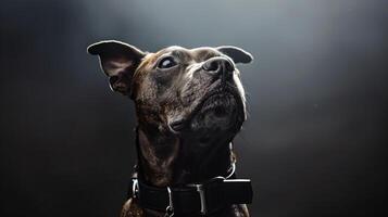 A dog is looking up in the dark photo