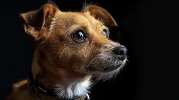 A dog with a collar looking up at the camera photo