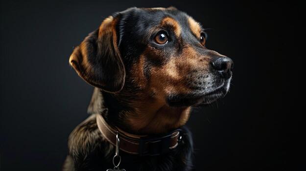 A dog with a collar on a black background photo