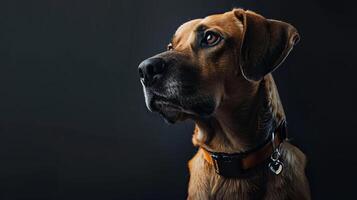 A dog with a collar on a dark background photo