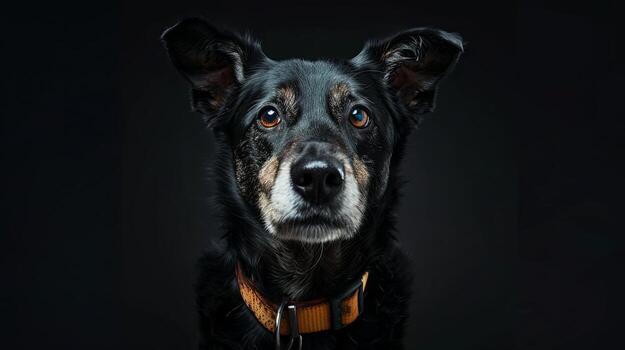 A black dog with a collar on a black background photo