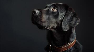 A black dog with brown eyes looking up photo