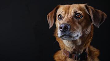 A brown dog with a collar on a black background photo