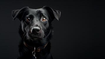 A black dog with a collar on a dark background photo