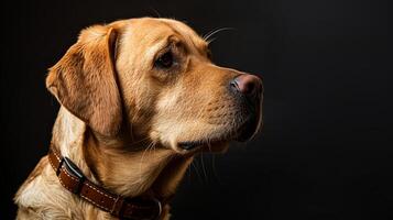 A dog with a collar on a black background photo
