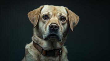 A dog with a collar on a dark background photo