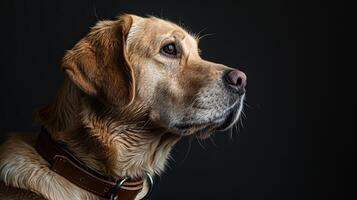 A dog with a collar on a black background photo