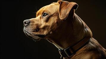 A brown dog with a collar on a black background photo