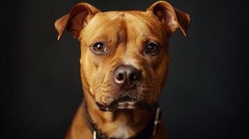 A close up of a brown dog with a black background photo