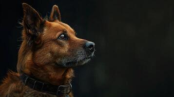 A brown dog with a collar looking up photo