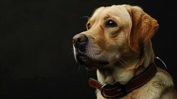 A dog wearing a leather collar on a black background photo