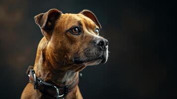 A brown dog with a collar on a black background photo