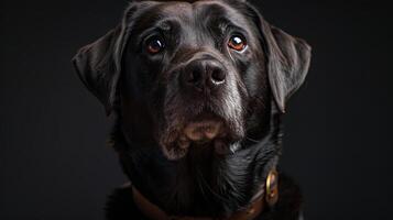 A black dog with brown eyes looking up photo