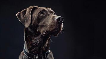 A brown dog with a collar on a black background photo