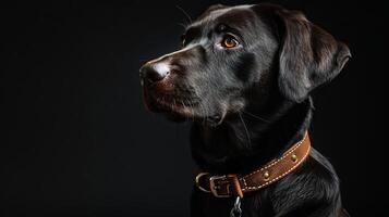 A black dog wearing a leather collar photo