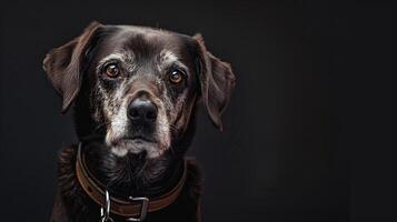 A dog is looking at the camera on a black background photo