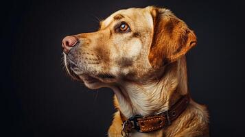 A dog with a collar on a black background photo