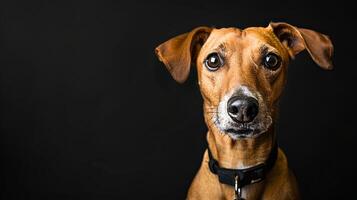 A brown dog with a collar on a black background photo