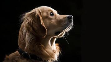 A golden retriever is looking up at something photo