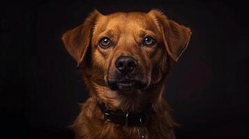 A brown dog with a collar on a black background photo
