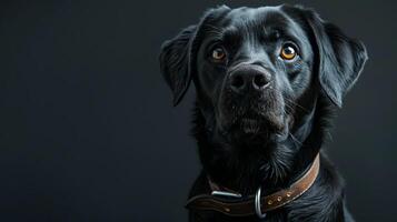A black dog with a collar on a dark background photo